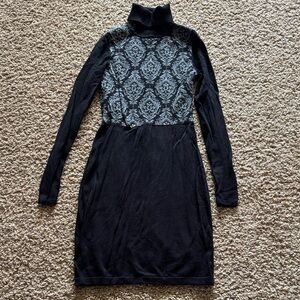Elegant Black Patterned Turtleneck Sweater Dress